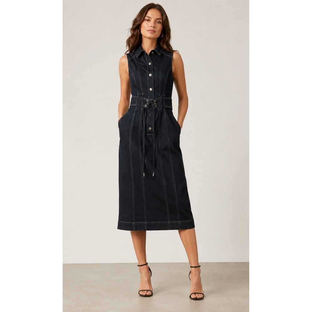 White House Black Market Denim Shirt Dress 00P Dark Wash Lace Up Belt NWT